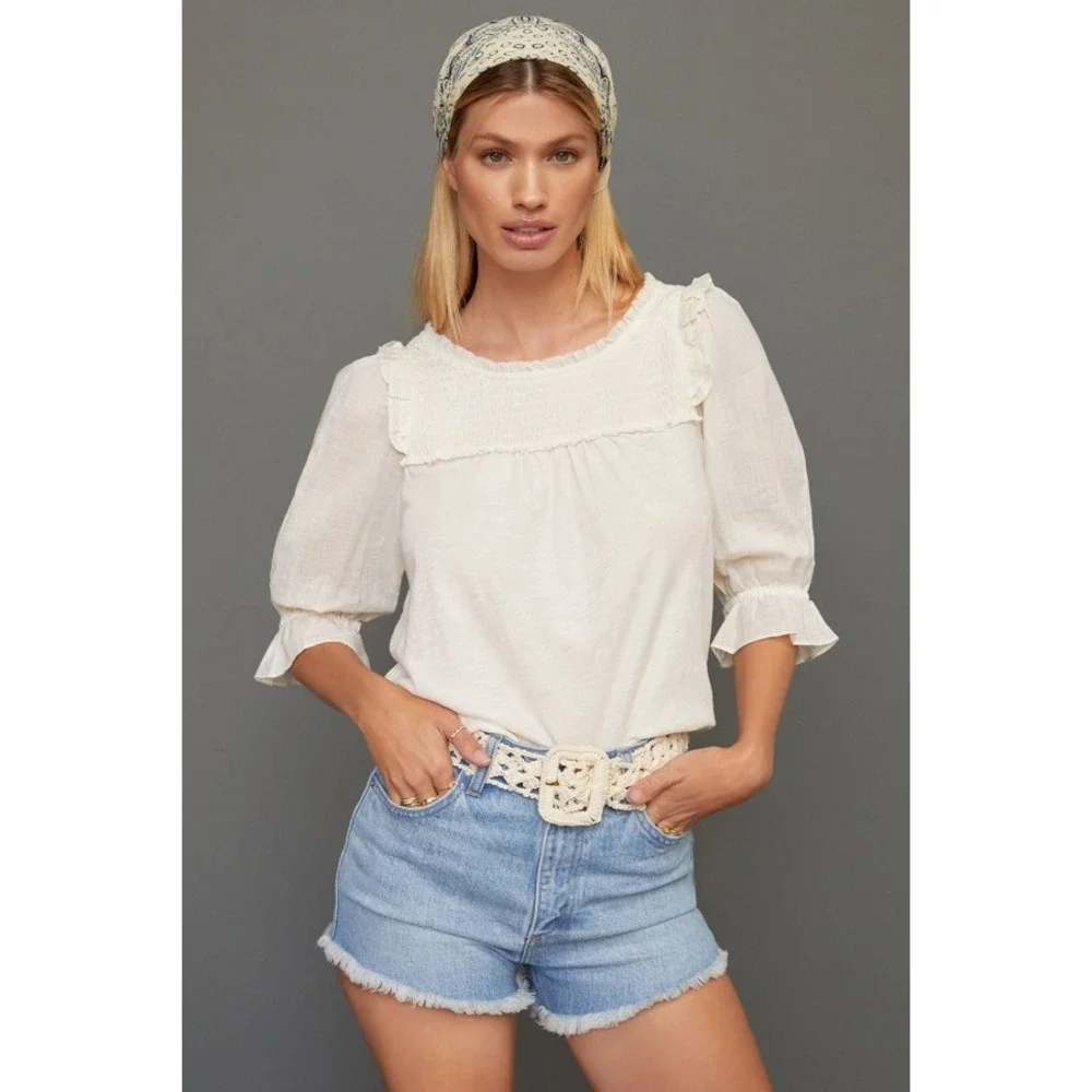 Anthropologie Keri Smocked Top in White Size XS‎ Peasant Cottagecore Feminine